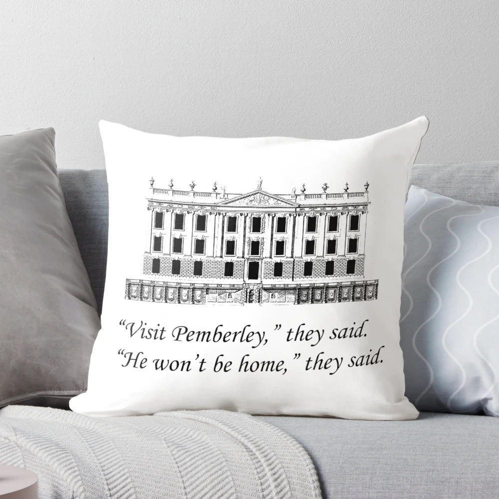 A plush throw pillow featuring the iconic Pemberley estate from Jane Austen's Pride and Prejudice.