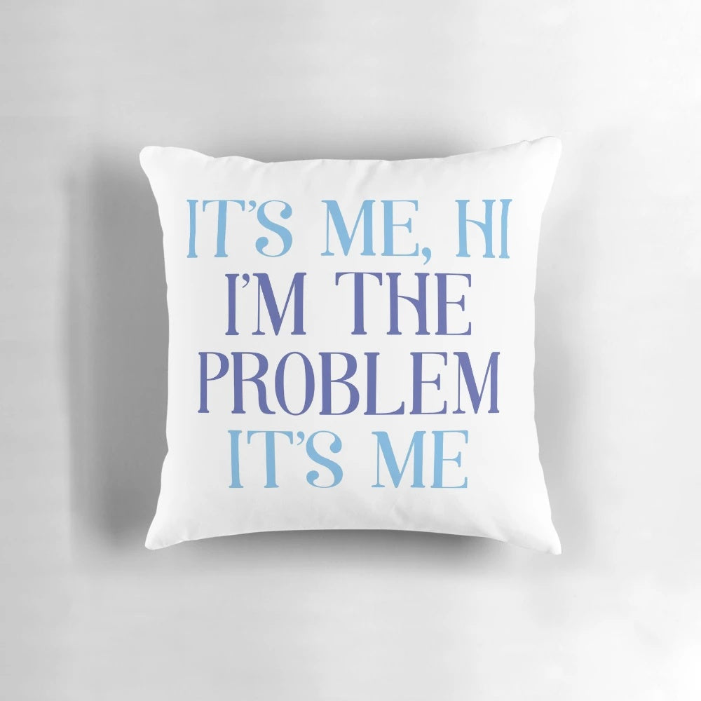 Taylor Swift Anti-Hero Pillow featuring the iconic "it's me, hi, I'm the problem" design from her 'Midnights' album.