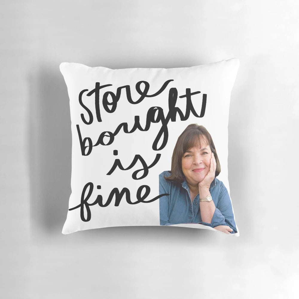 Ina Garten inspired decorative pillow featuring the Barefoot Contessa logo and "Storebought is Fine" meme