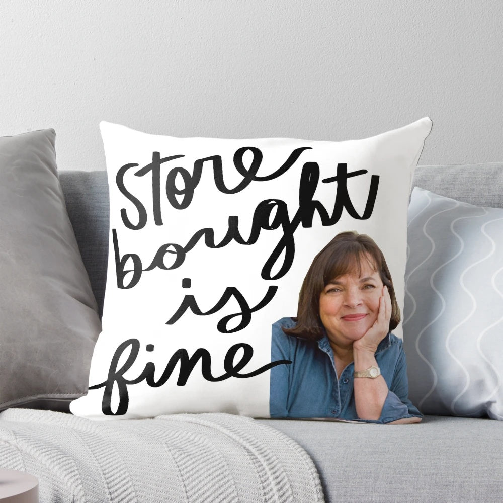 Ina Garten inspired decorative pillow featuring the Barefoot Contessa logo and "Storebought is Fine" meme