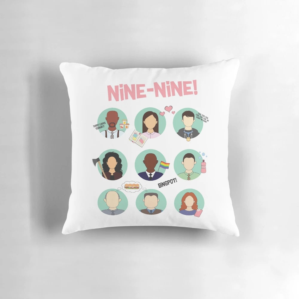 Brooklyn Nine-Nine squad members including Terry Jeffords, Amy Santiago, Jake Peralta, and others printed on a soft, plush pillow.