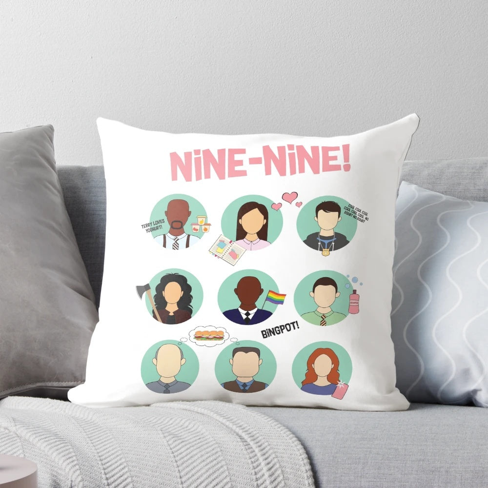 Brooklyn Nine-Nine squad members including Terry Jeffords, Amy Santiago, Jake Peralta, and others printed on a soft, plush pillow.