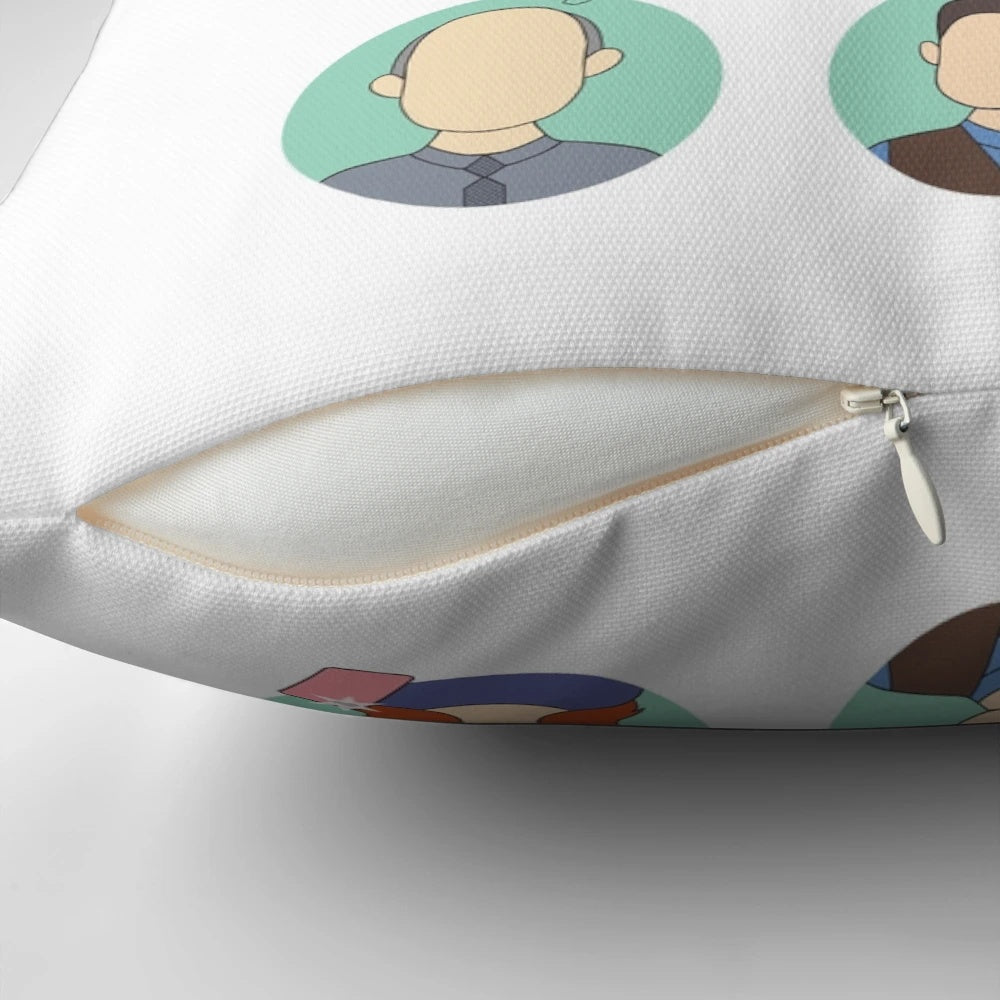 Brooklyn Nine-Nine squad members including Terry Jeffords, Amy Santiago, Jake Peralta, and others printed on a soft, plush pillow.