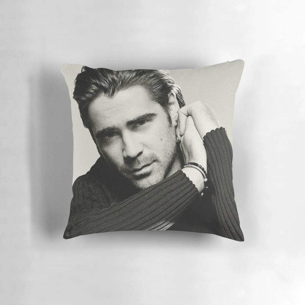 Plush pillow featuring the handsome Irish actor Colin Farrell from popular films like In Bruges and The Lobster.