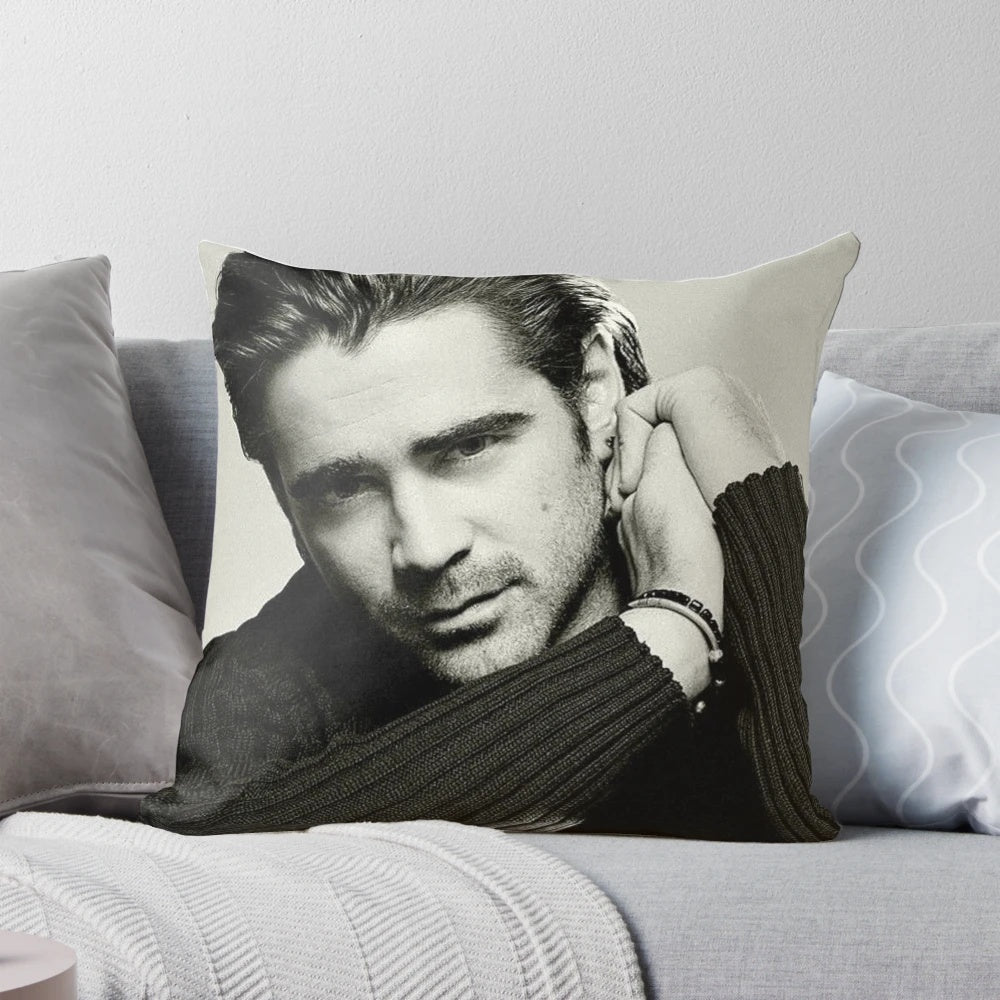 Plush pillow featuring the handsome Irish actor Colin Farrell from popular films like In Bruges and The Lobster.