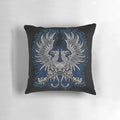 Soft, grey pillow with griffin mosaic design, inspired by the Grey Wardens of the Dragon Age video game franchise.