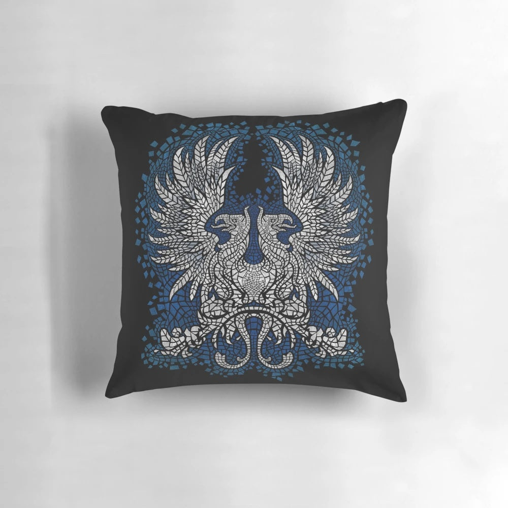 Soft, grey pillow with griffin mosaic design, inspired by the Grey Wardens of the Dragon Age video game franchise.
