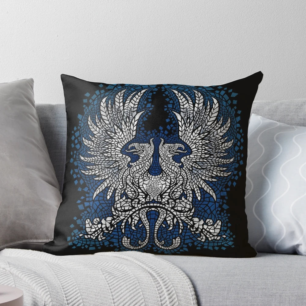 Soft, grey pillow with griffin mosaic design, inspired by the Grey Wardens of the Dragon Age video game franchise.