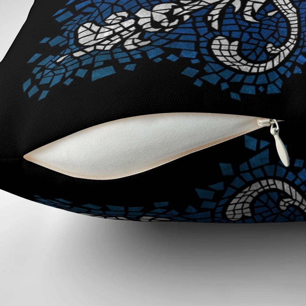 Soft, grey pillow with griffin mosaic design, inspired by the Grey Wardens of the Dragon Age video game franchise.