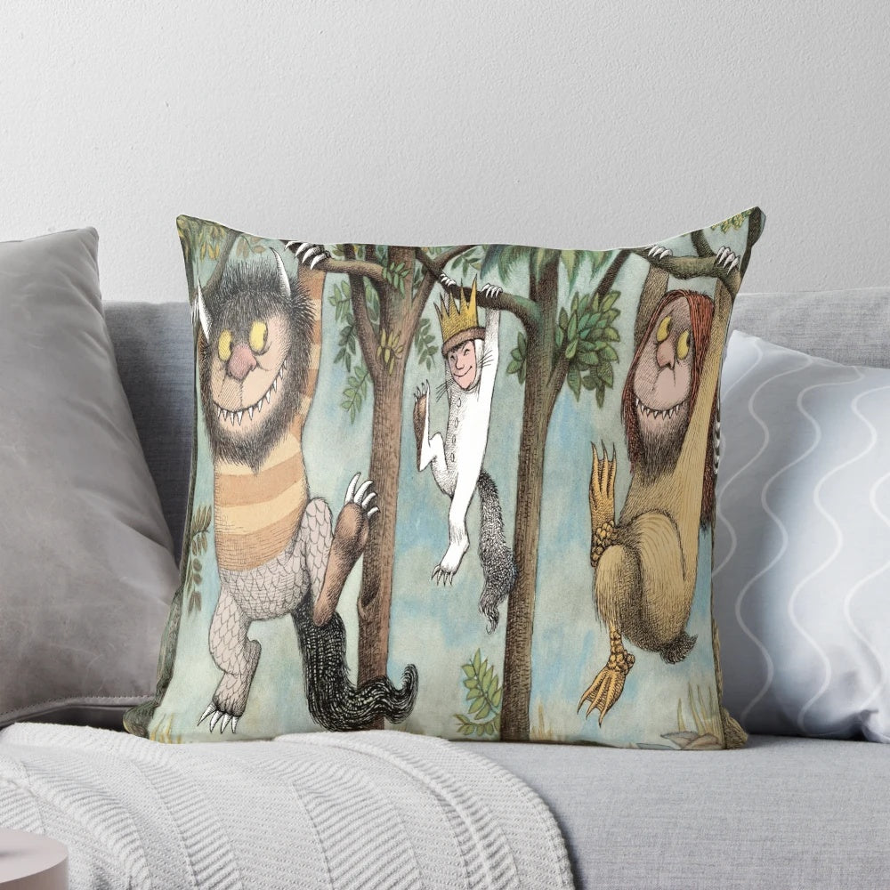 A plush, decorative pillow featuring the beloved characters from the classic children's book "Where the Wild Things Are"