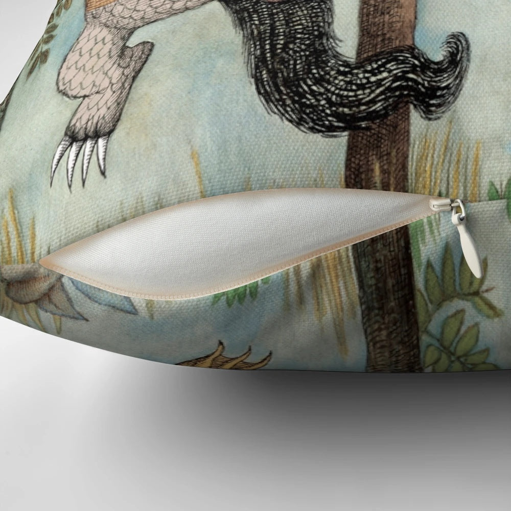 A plush, decorative pillow featuring the beloved characters from the classic children's book "Where the Wild Things Are"