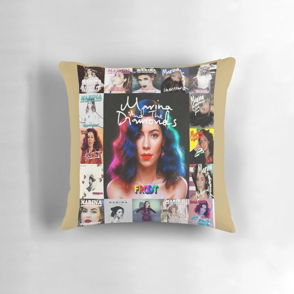 A soft, plush pillow featuring the image of indie pop artist Marina and the Diamonds.