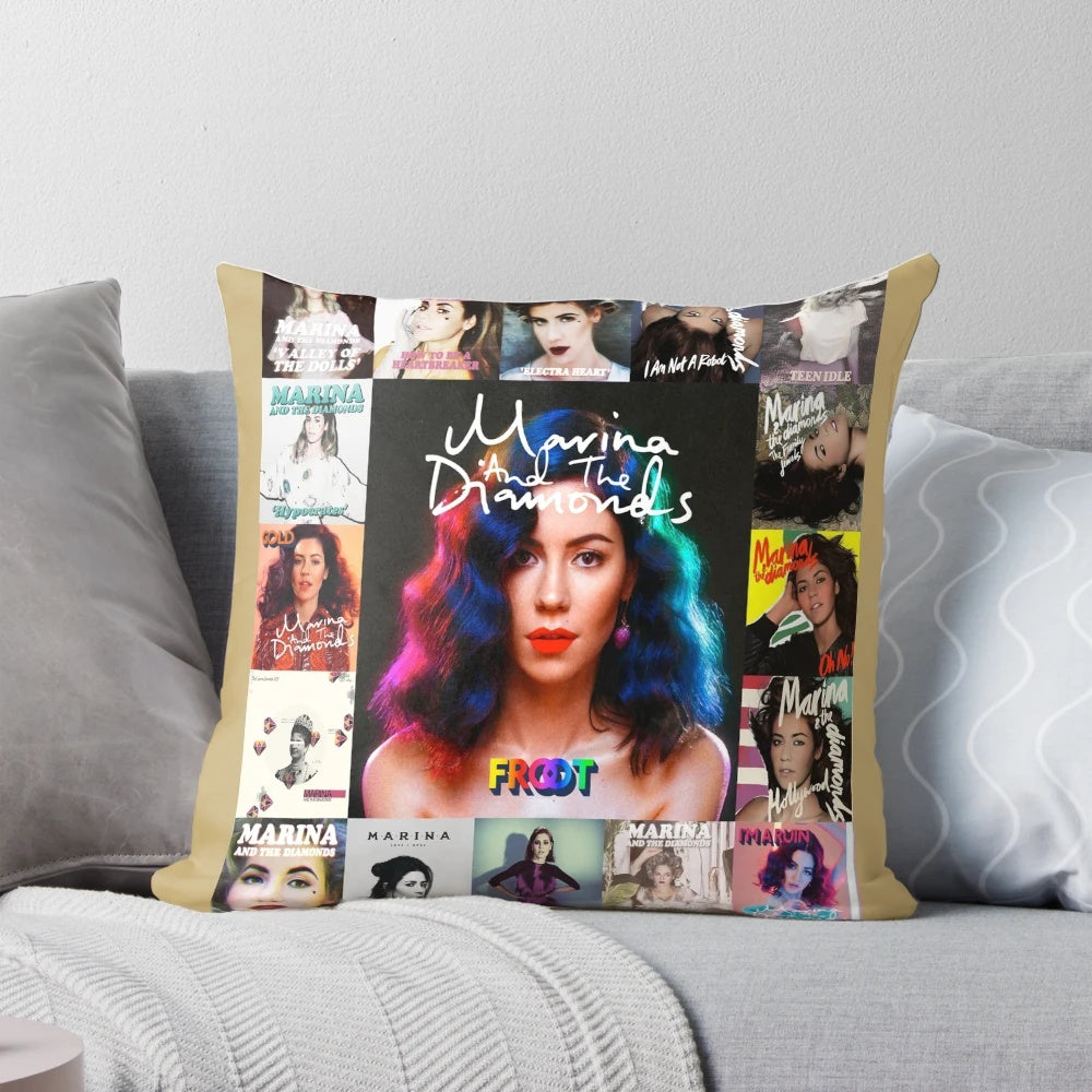 A soft, plush pillow featuring the image of indie pop artist Marina and the Diamonds.