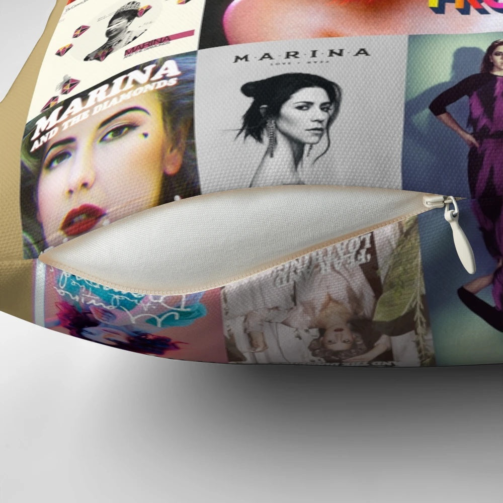 A soft, plush pillow featuring the image of indie pop artist Marina and the Diamonds.