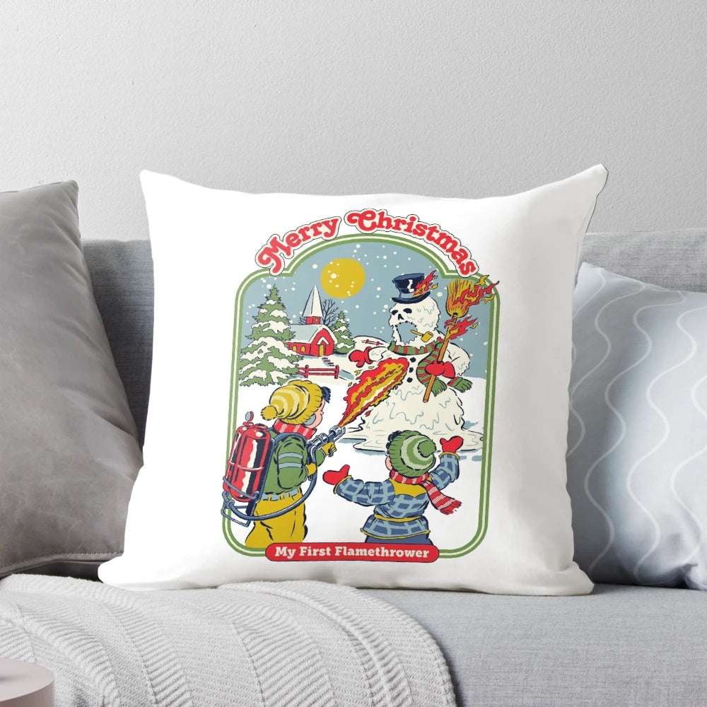A vintage-inspired pillow design featuring a comical flamethrower snowman