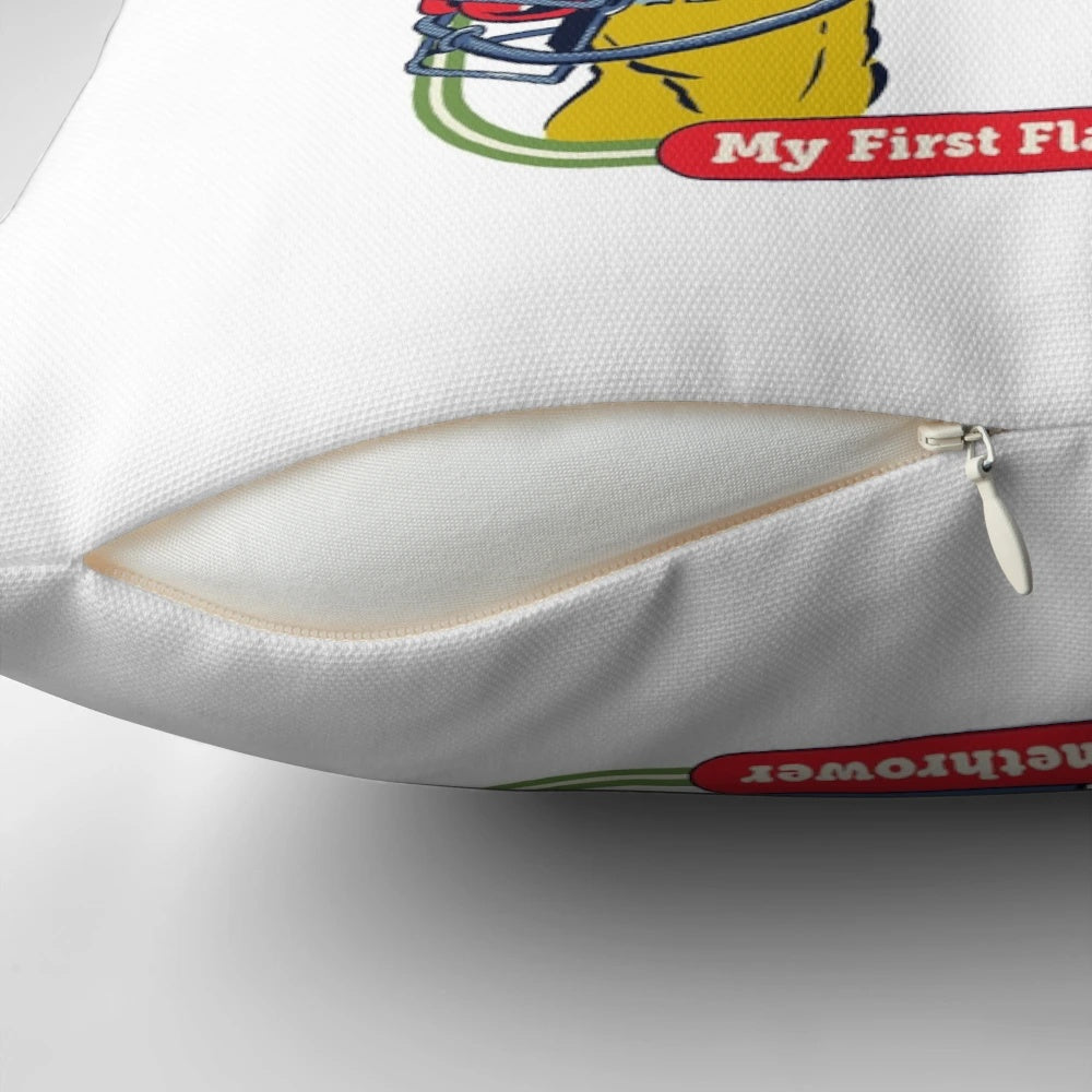 A vintage-inspired pillow design featuring a comical flamethrower snowman