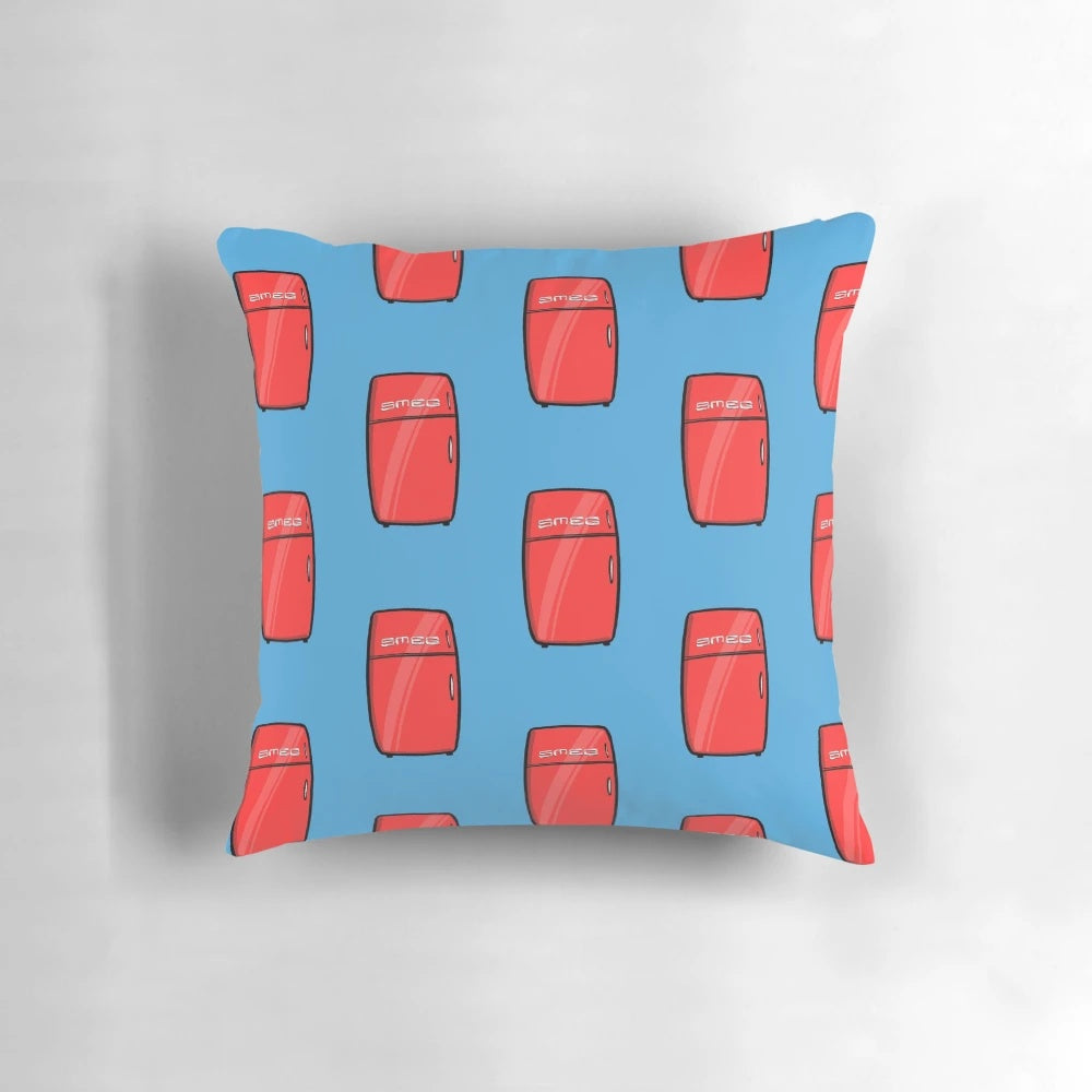 A decorative pillow featuring the iconic SMEG refrigerator design, perfect for adding a touch of vintage style to your home.