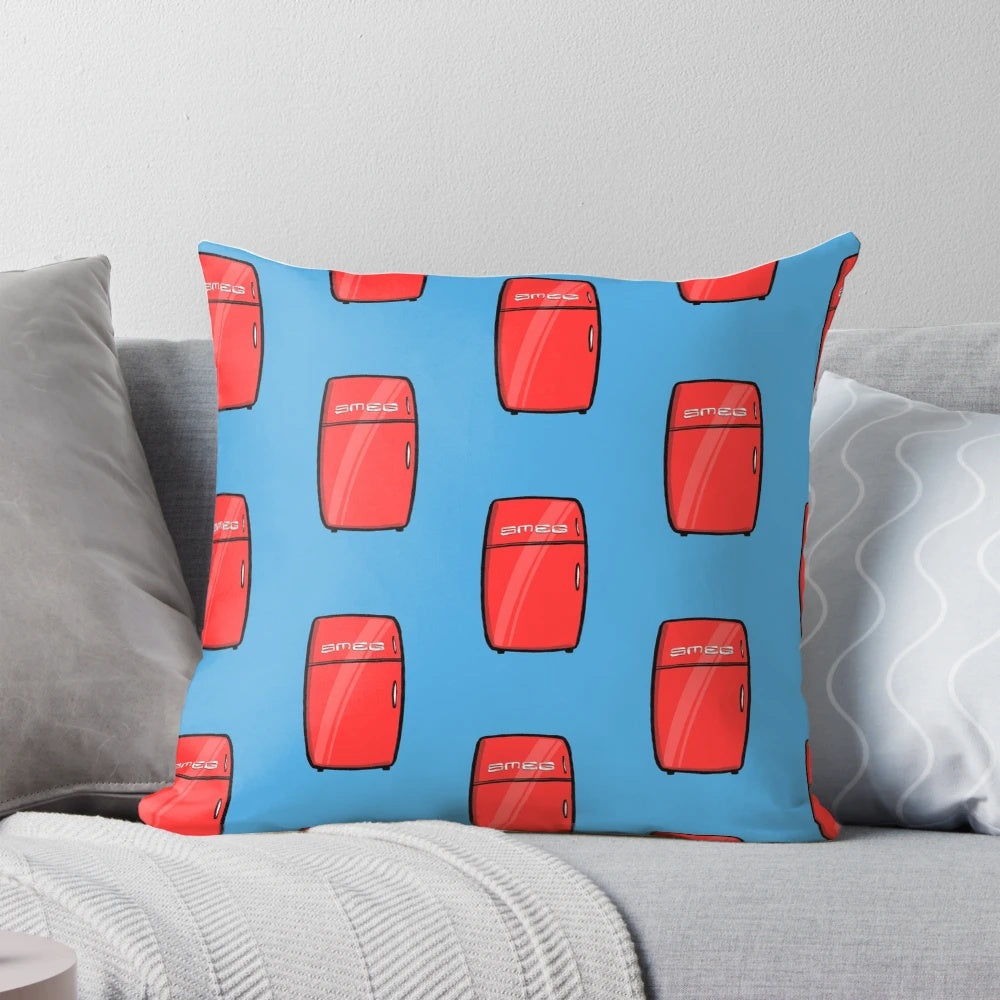 A decorative pillow featuring the iconic SMEG refrigerator design, perfect for adding a touch of vintage style to your home.