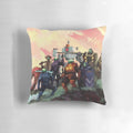 A soft, plush pillow featuring the iconic Risk of Rain 2 game poster design.