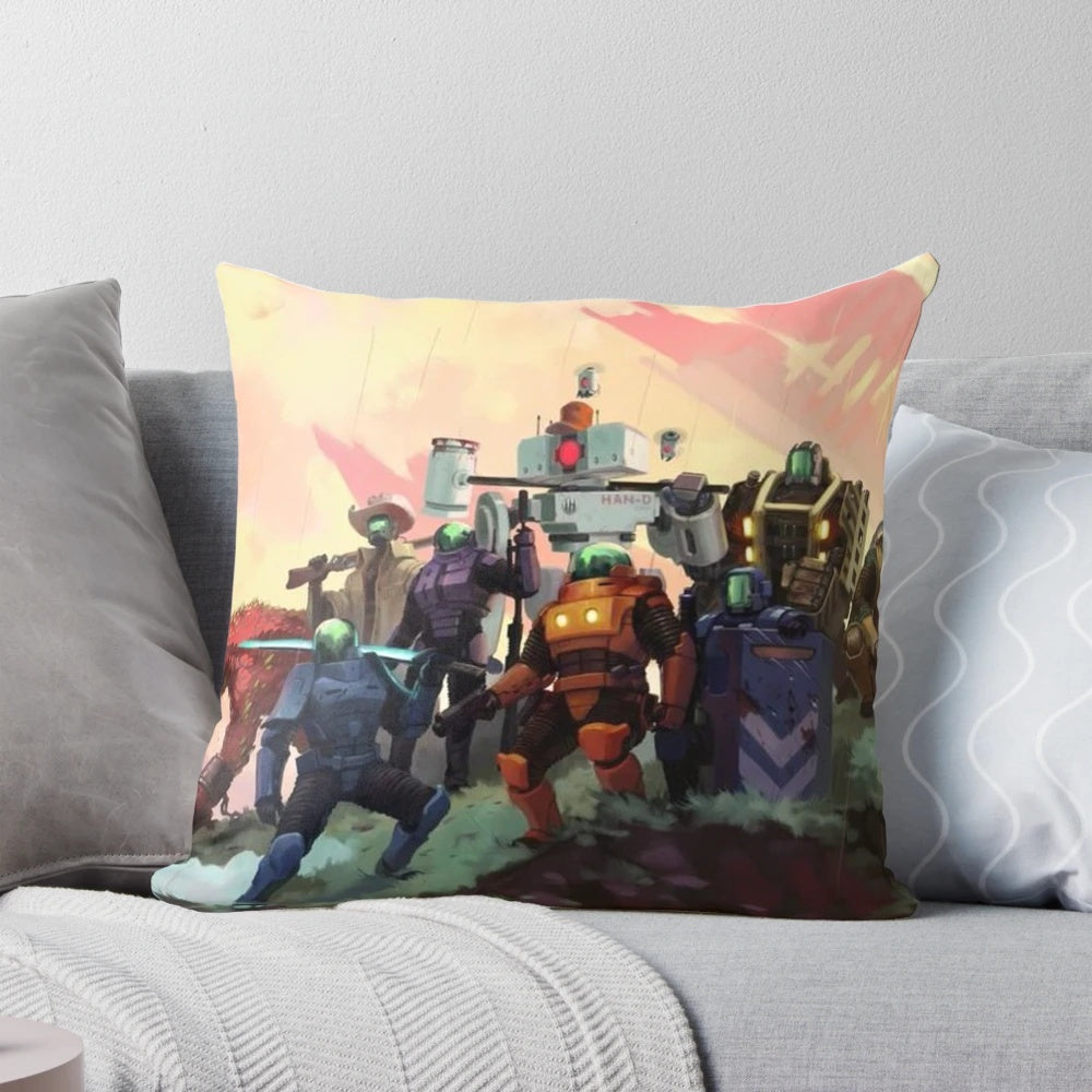 A soft, plush pillow featuring the iconic Risk of Rain 2 game poster design.