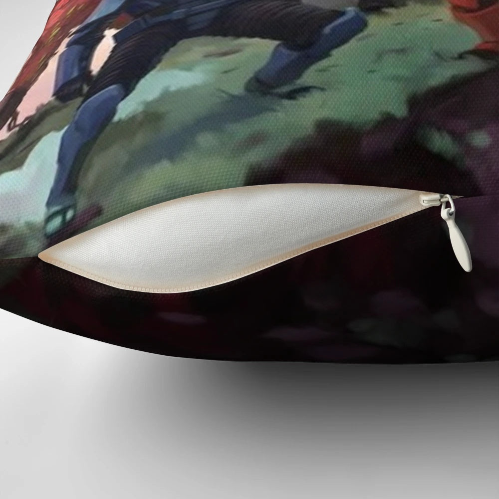 A soft, plush pillow featuring the iconic Risk of Rain 2 game poster design.
