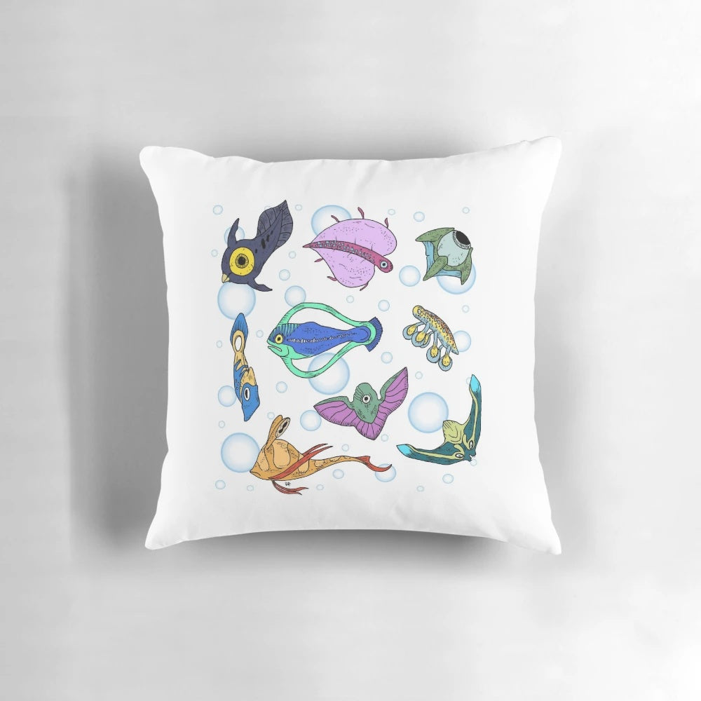 Subnautica fish-themed pillow with various marine creatures from the game
