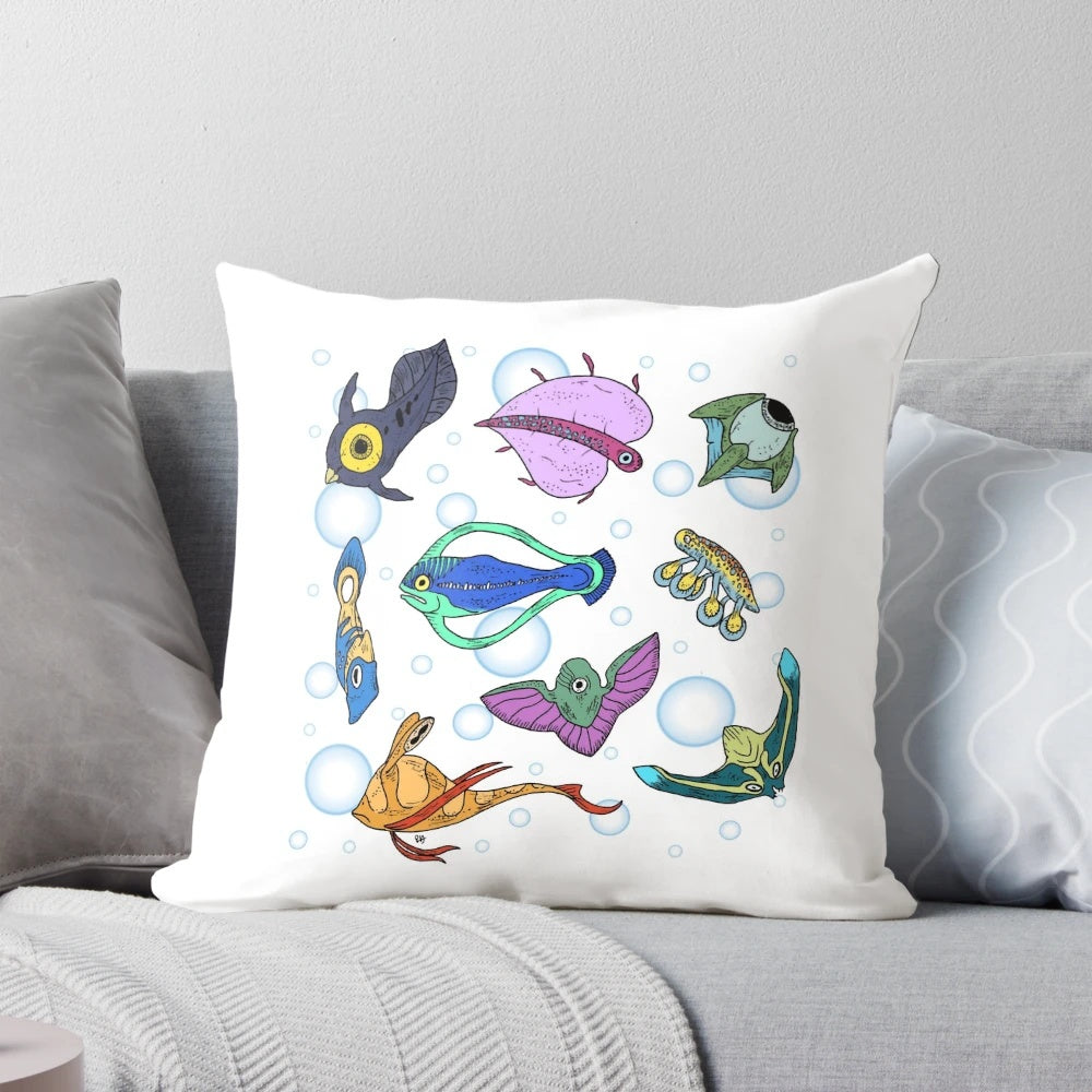 Subnautica fish-themed pillow with various marine creatures from the game