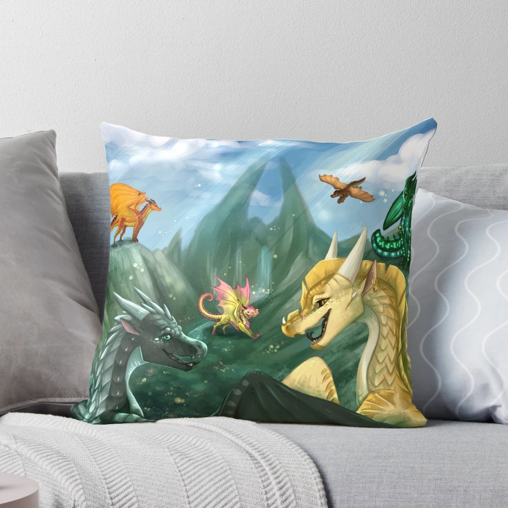 Wings of Fire Jade Mountain Pillow featuring dragons and characters from the popular book series