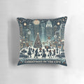 Festive Christmas pillow featuring a city skyline with twinkling lights, holiday decorations, and snowflakes