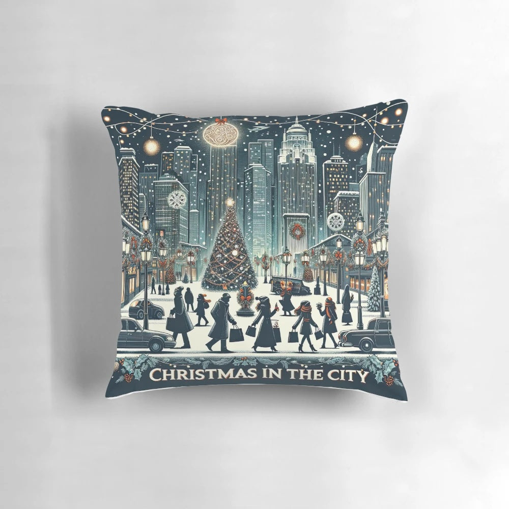 Festive Christmas pillow featuring a city skyline with twinkling lights, holiday decorations, and snowflakes
