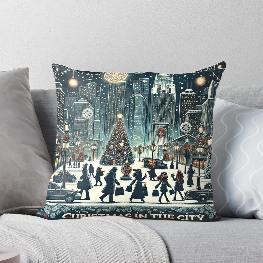 Festive Christmas pillow featuring a city skyline with twinkling lights, holiday decorations, and snowflakes