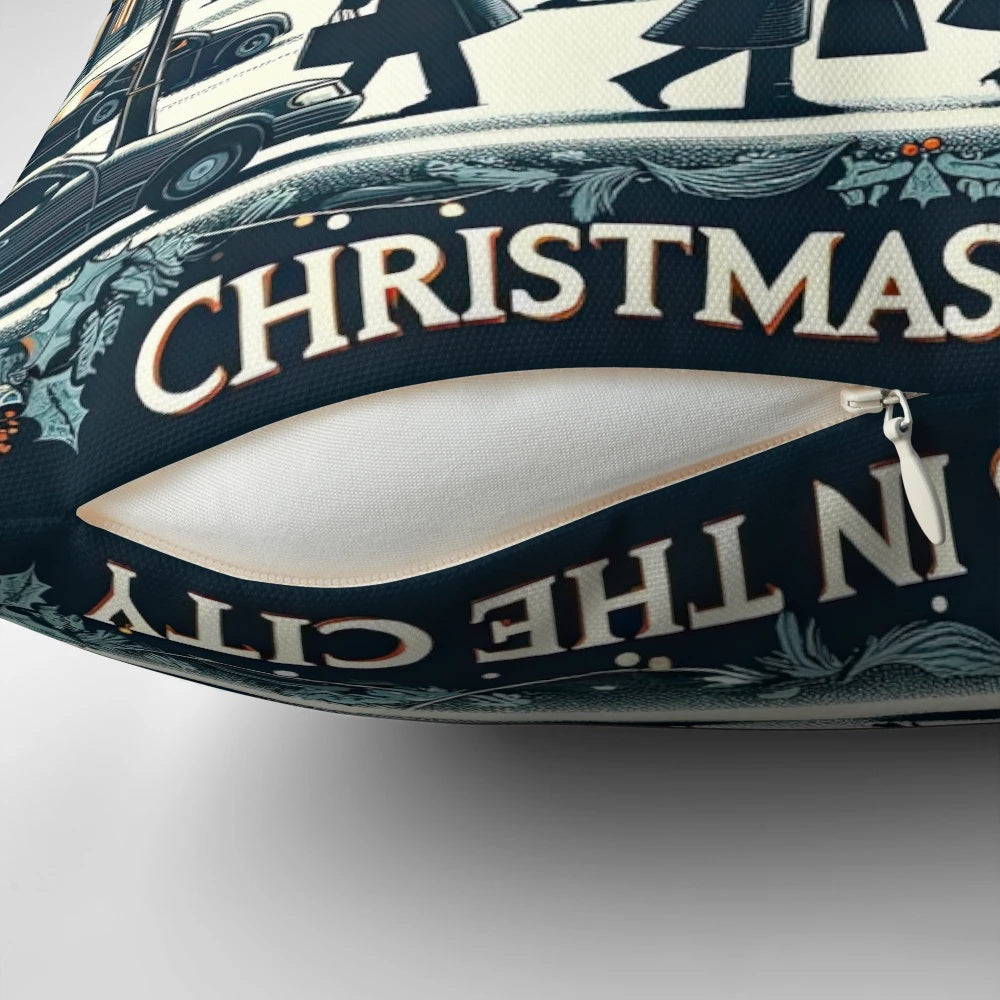 Festive Christmas pillow featuring a city skyline with twinkling lights, holiday decorations, and snowflakes
