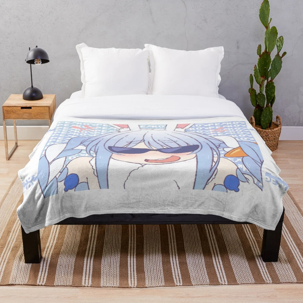 Soft and cuddly plush blanket featuring the cute and smug Hololive virtual YouTuber Usada Pekora in chibi style