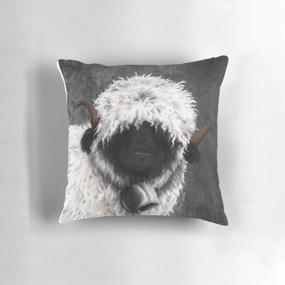 Soft, fluffy Valais Blacknose sheep pillow in a natural, rustic design.