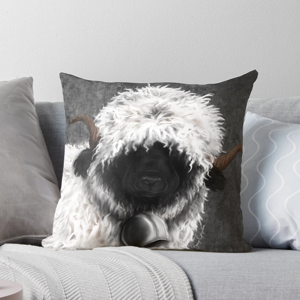 Soft, fluffy Valais Blacknose sheep pillow in a natural, rustic design.