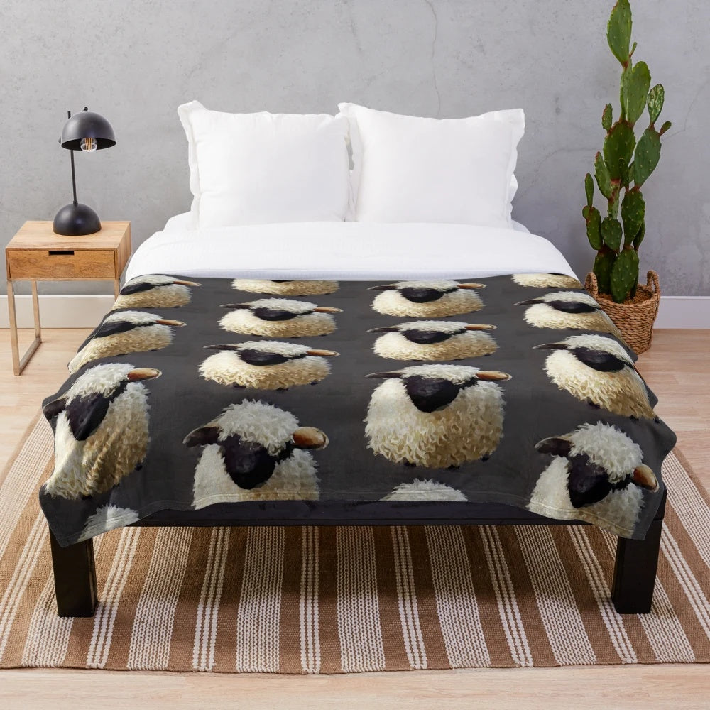 Valais Blacknose Sheep Plush Blanket with Picturesque Swiss Alps Landscape
