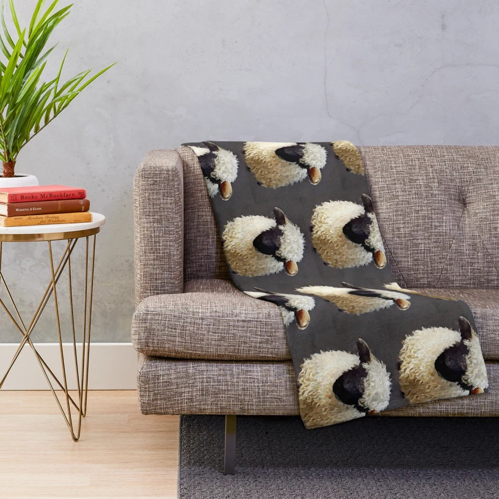 Valais Blacknose Sheep Plush Blanket with Picturesque Swiss Alps Landscape