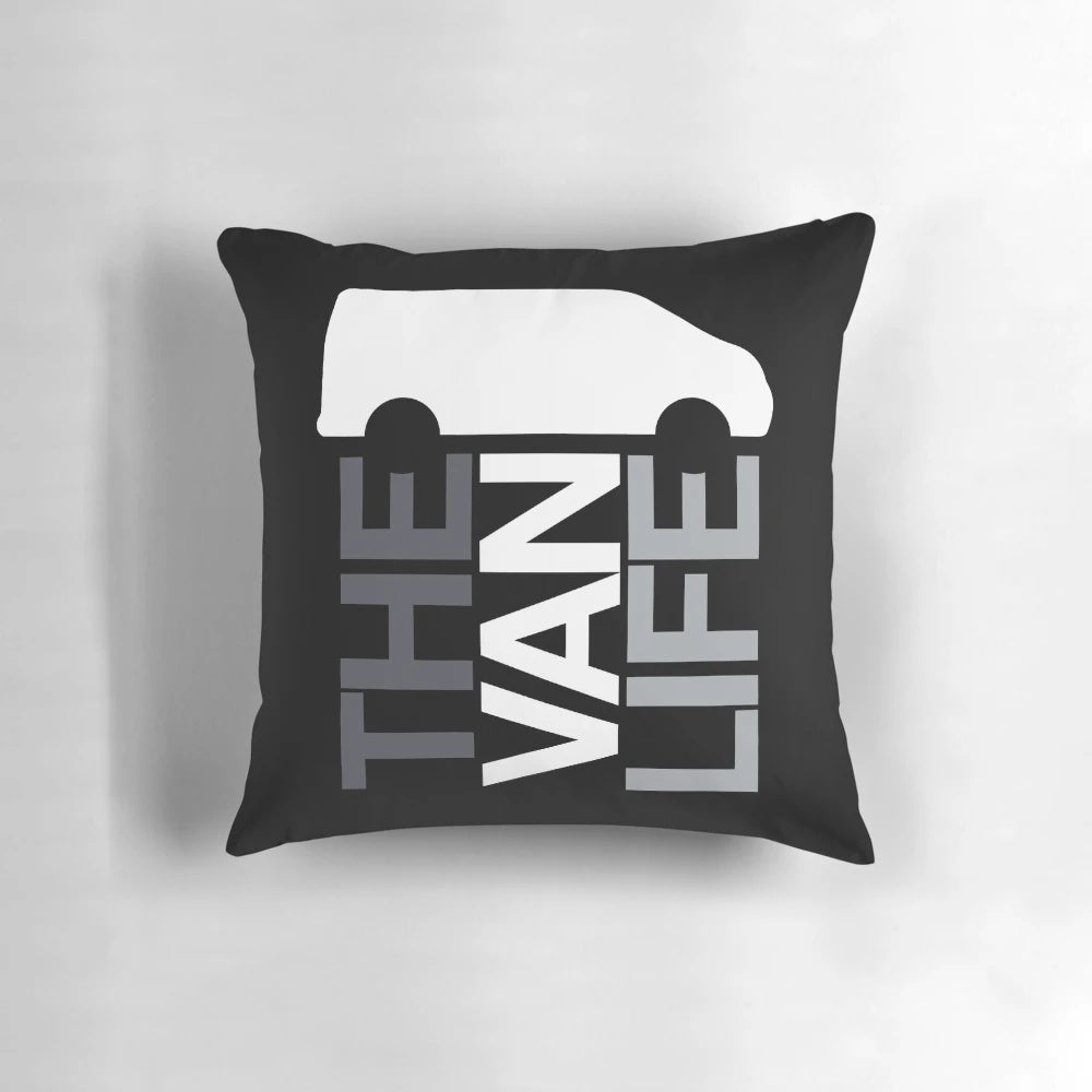Greyscale graphic design pillow featuring a van life logo, perfect for van dwellers and outdoor enthusiasts.