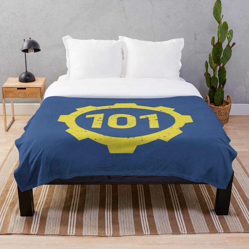 Soft and plush vault 101 themed blanket with vault boy logo