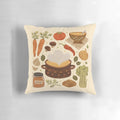 Plush vegetable soup-themed pillow with carrots, herbs, and tomato accents for a cozy, hygge-inspired kitchen aesthetic.