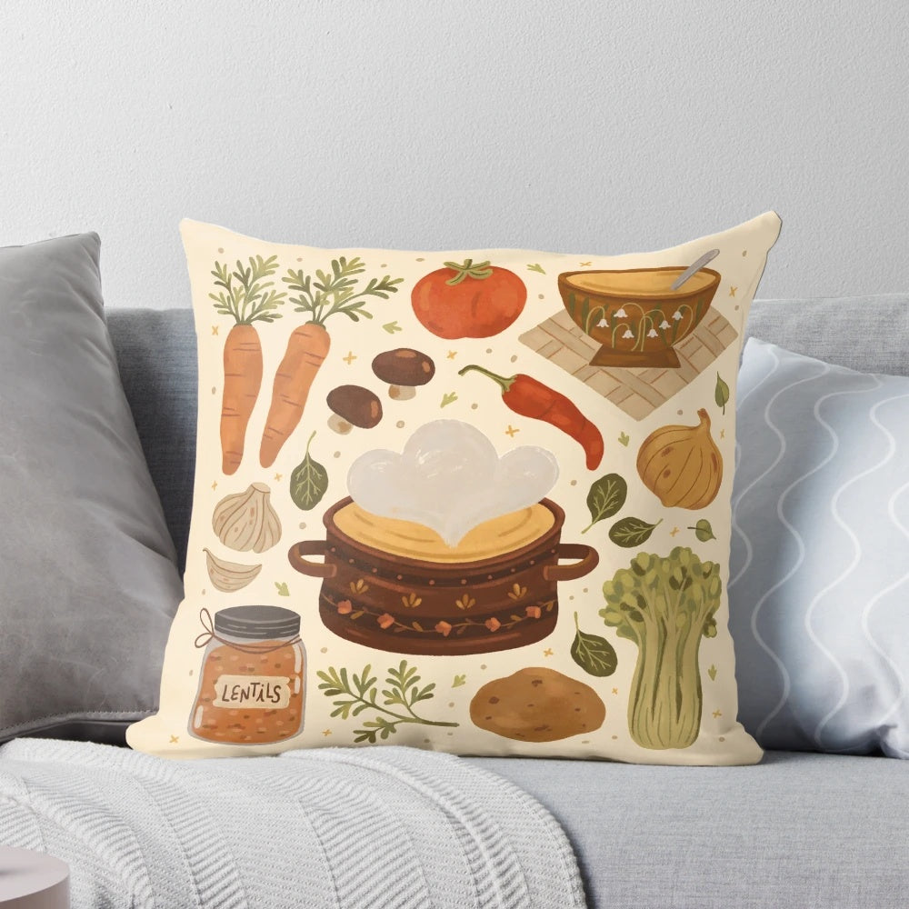 Plush vegetable soup-themed pillow with carrots, herbs, and tomato accents for a cozy, hygge-inspired kitchen aesthetic.
