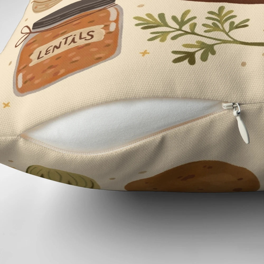 Plush vegetable soup-themed pillow with carrots, herbs, and tomato accents for a cozy, hygge-inspired kitchen aesthetic.