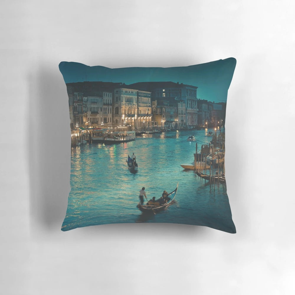 A soft, plush travel pillow featuring a scenic view of the historic canals and architecture of Venice, Italy.