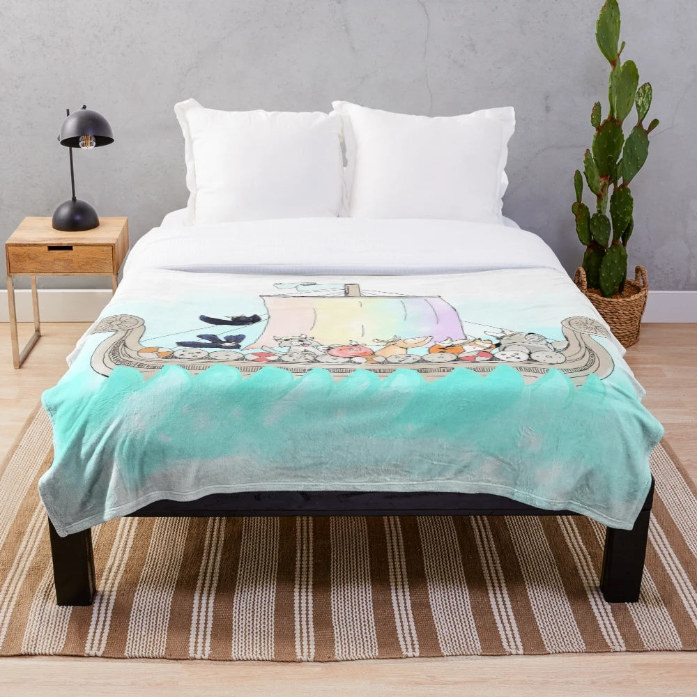 Soft and snuggly plush blanket featuring a Viking-inspired animal longship design
