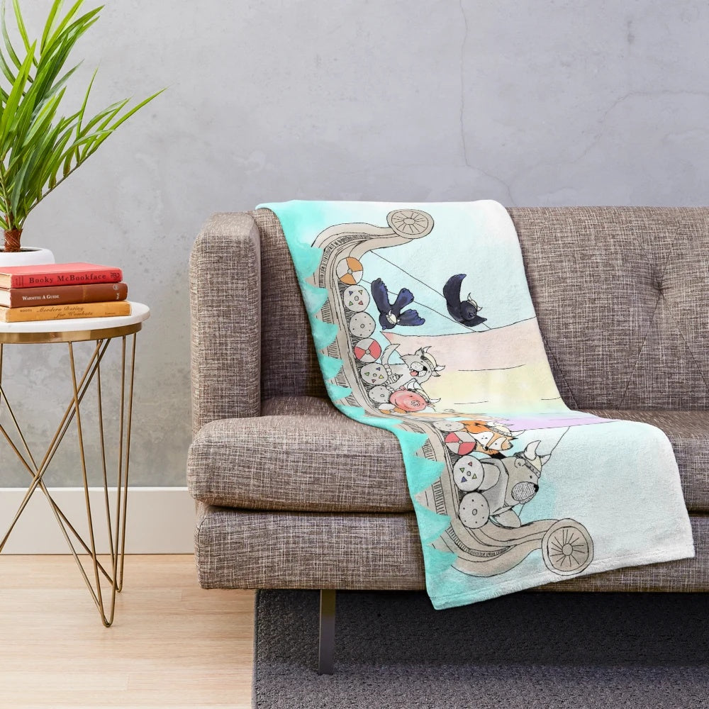 Soft and snuggly plush blanket featuring a Viking-inspired animal longship design