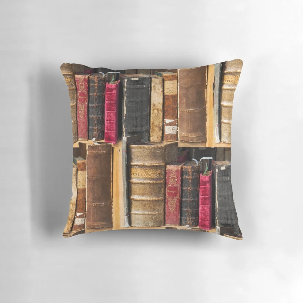 Vintage book-themed pillow with a cozy bookshelf design, perfect for book lovers and dark academia enthusiasts.