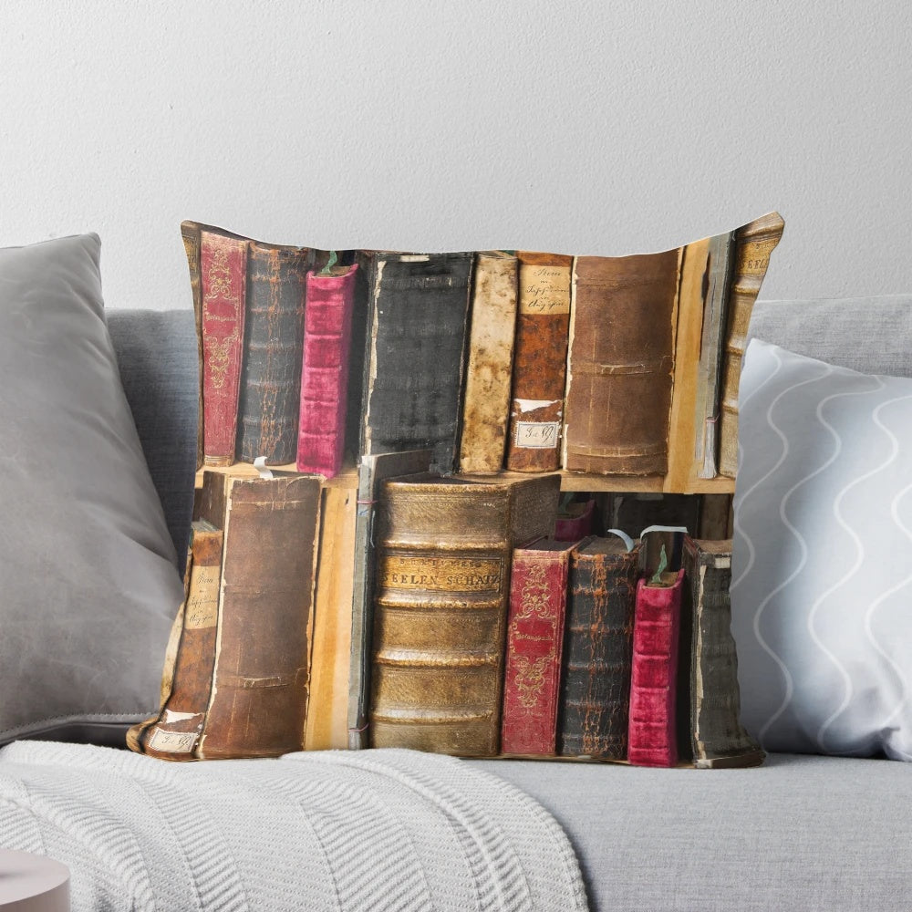 Vintage book-themed pillow with a cozy bookshelf design, perfect for book lovers and dark academia enthusiasts.