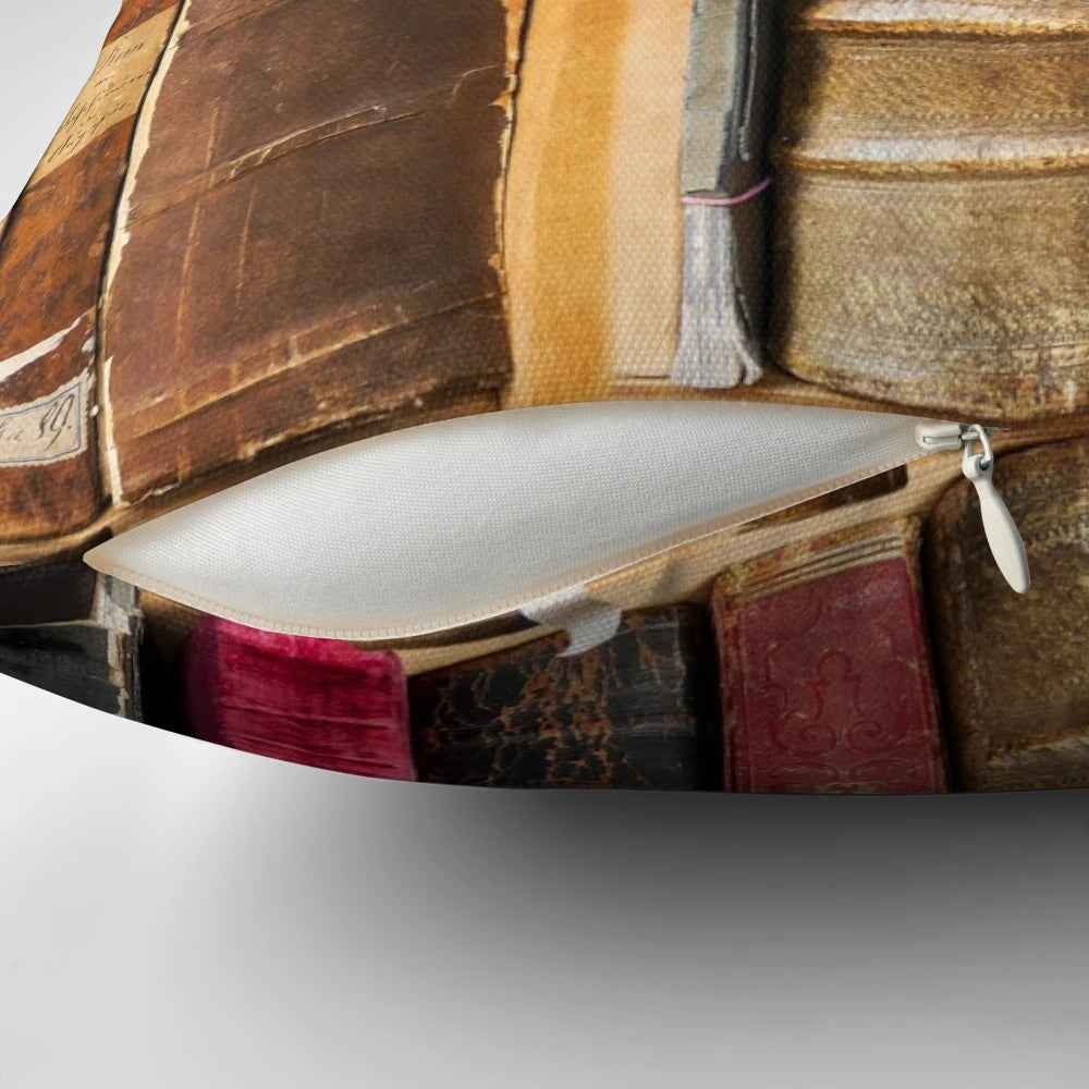 Vintage book-themed pillow with a cozy bookshelf design, perfect for book lovers and dark academia enthusiasts.