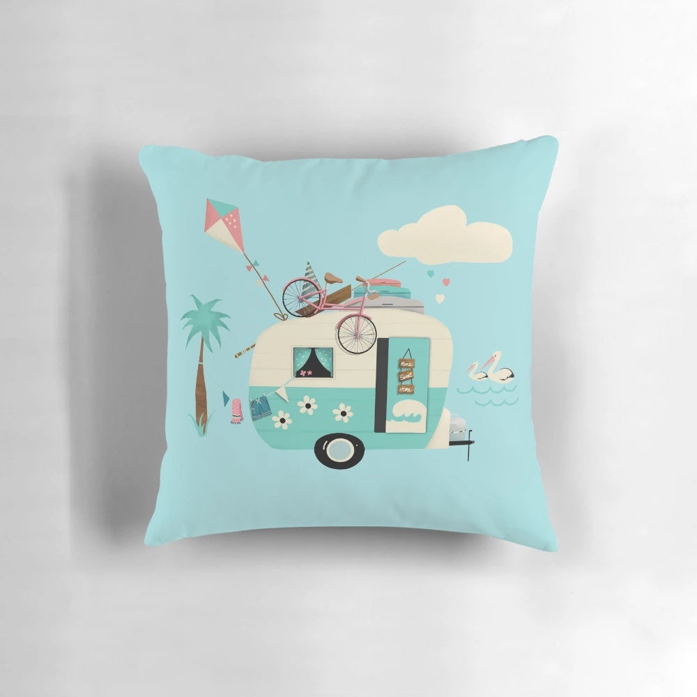 Vintage-inspired camper van throw pillow with retro design for mobile home and caravan decor