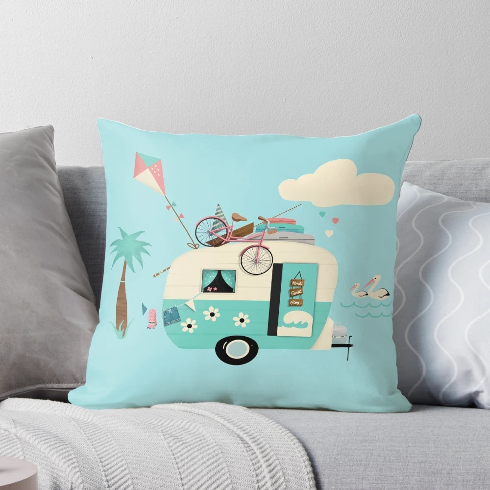Vintage-inspired camper van throw pillow with retro design for mobile home and caravan decor